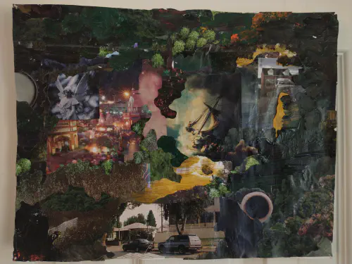 A collage depicting trees or assorted greenery with some hidden obejcts