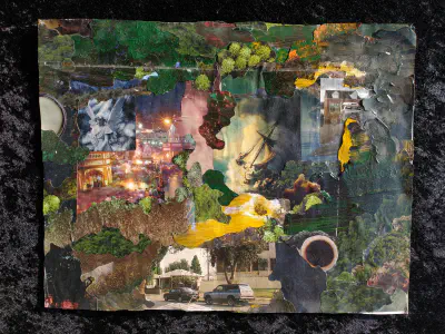 A collage depicting trees or assorted greenery with miscellanious objects