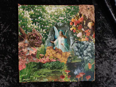a collage depicting an angel in a garden