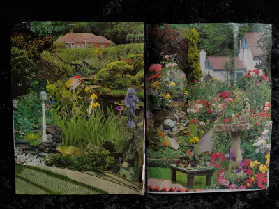 a collage depicting a garden with several statues a pond and a picnic