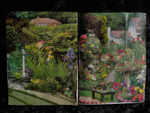 a collage depicting a garden with several statues a pond and a picnic
