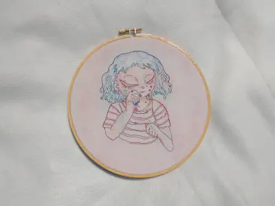 an embroidery depicting a character with blue hair crying stars 